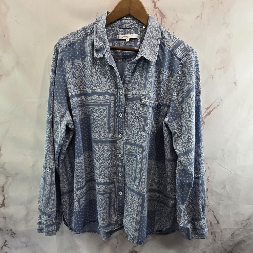 Foxcroft Shirt Women 18 Blue Paisley Patchwork Button Up Tencel Chambray Long